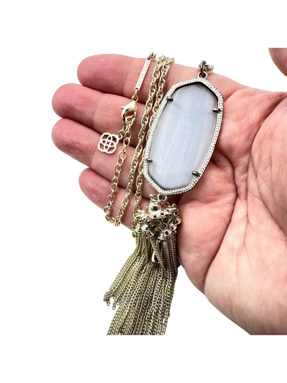 Kendra Scott Rayne Necklace Gold Tone Grey Slate Cats Eye Tassle Pendant